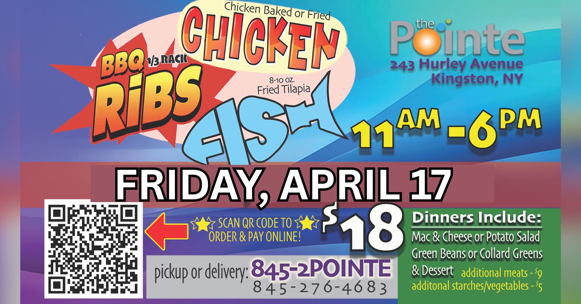 Pointe of Praise February Dinner fundraiser flyer featuring BBQ ribs, chicken, and fried tilapia options for Friday, February 20th in Kingston, NY.