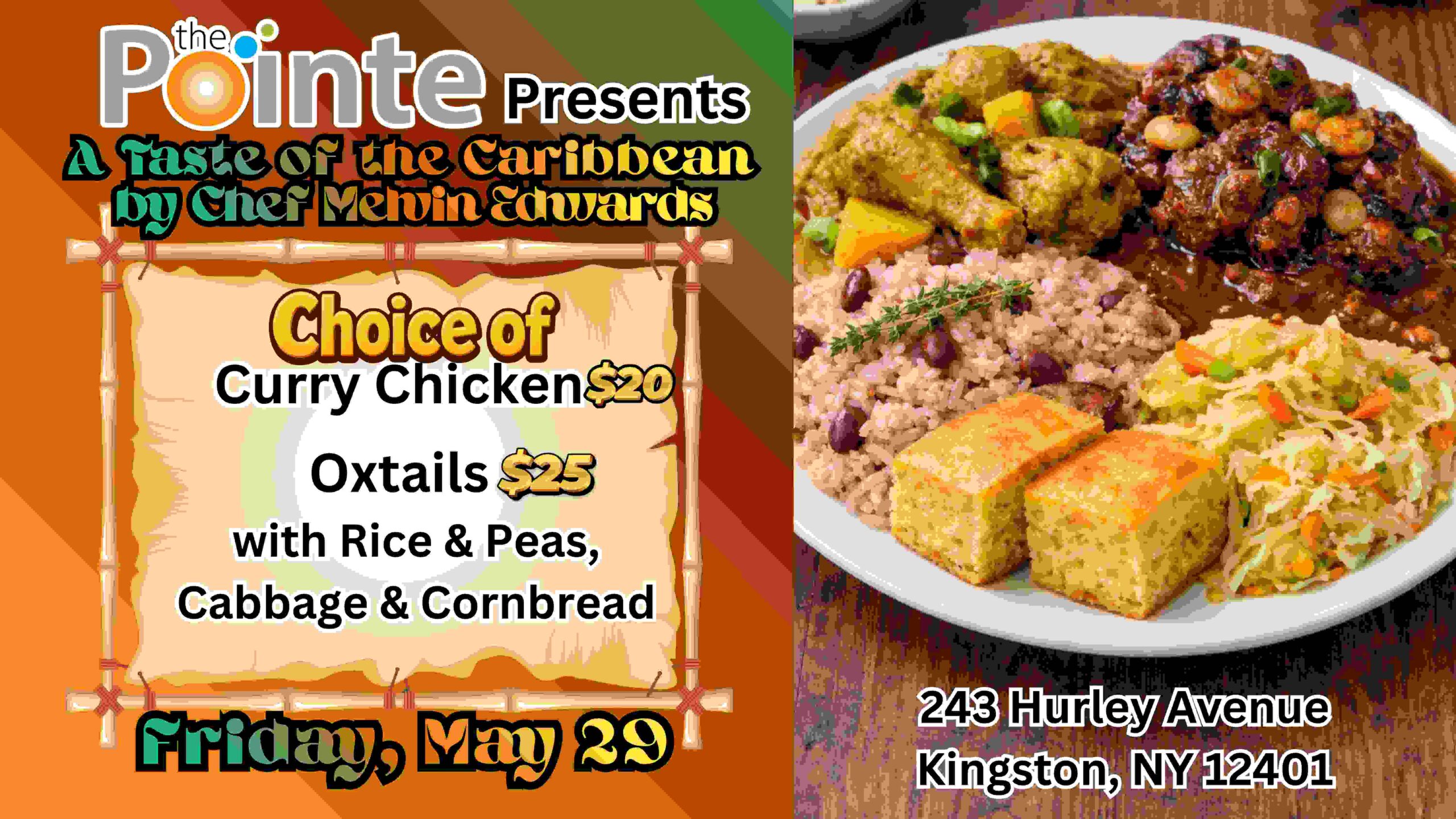 Pointe of Praise February Dinner fundraiser flyer featuring BBQ ribs, chicken, and fried tilapia options for Friday, February 20th in Kingston, NY.