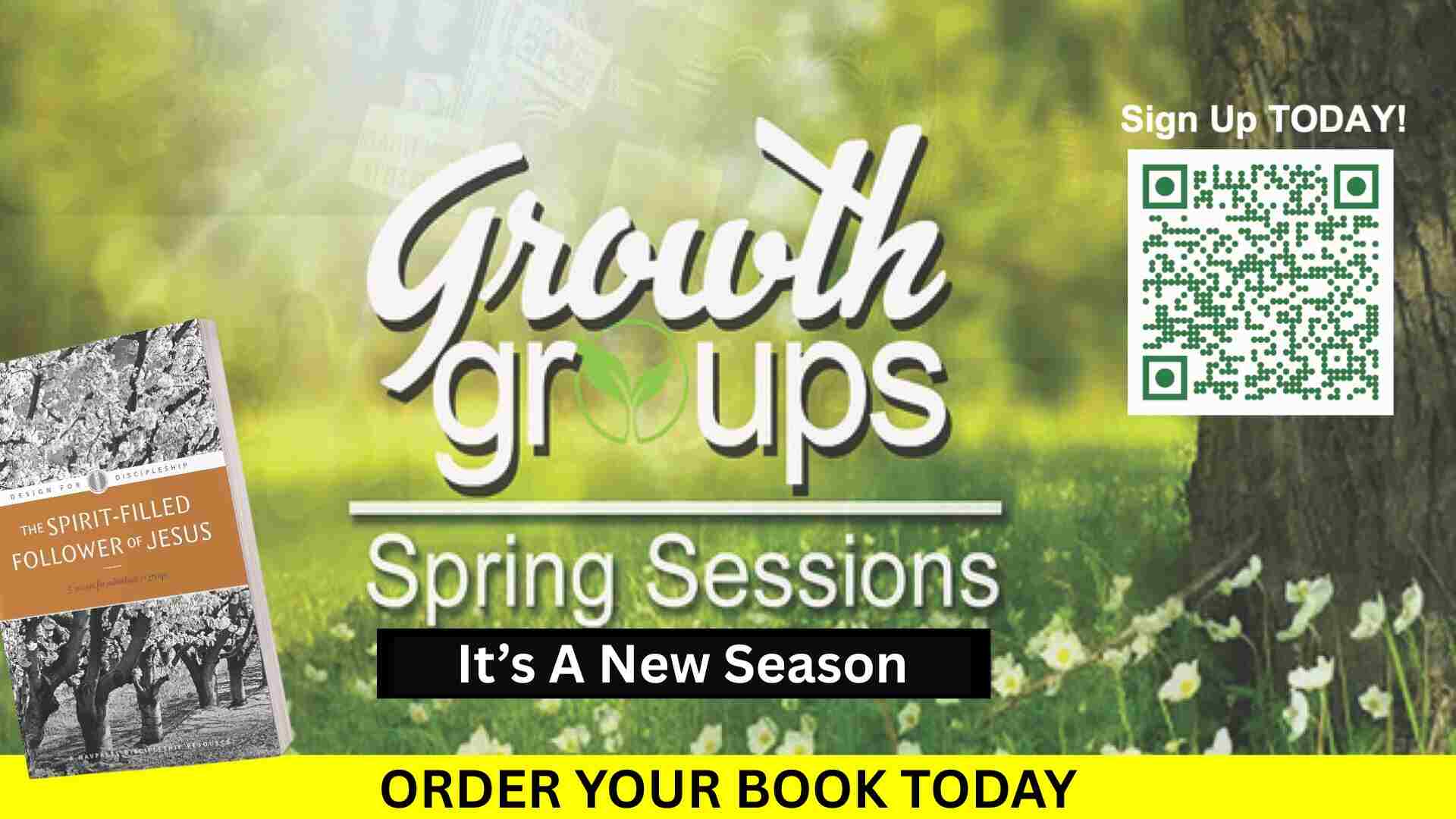 Growth Groups promotional slide for The Pointe of Praise Family Life Center, featuring a rustic wood background, a leaf logo, and a QR code to join a small group.