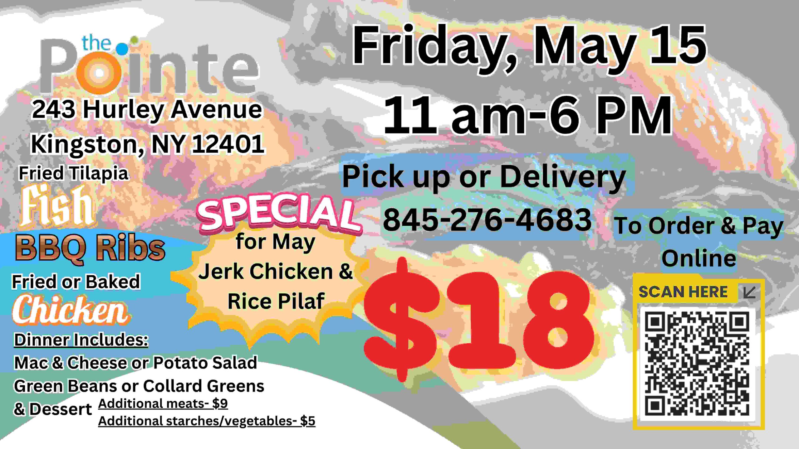 Pointe of Praise February Dinner fundraiser flyer featuring BBQ ribs, chicken, and fried tilapia options for Friday, February 20th in Kingston, NY.
