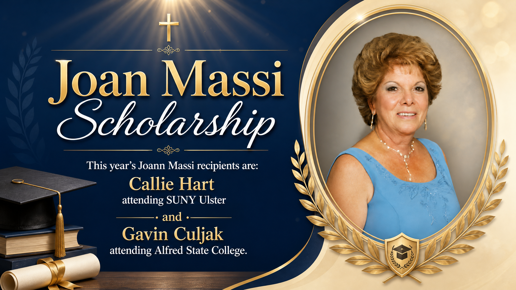 Joan Massi Scholarship Pointe of Praise February Dinner fundraiser flyer featuring BBQ ribs, chicken, and fried tilapia options for Friday, February 20th in Kingston, NY.