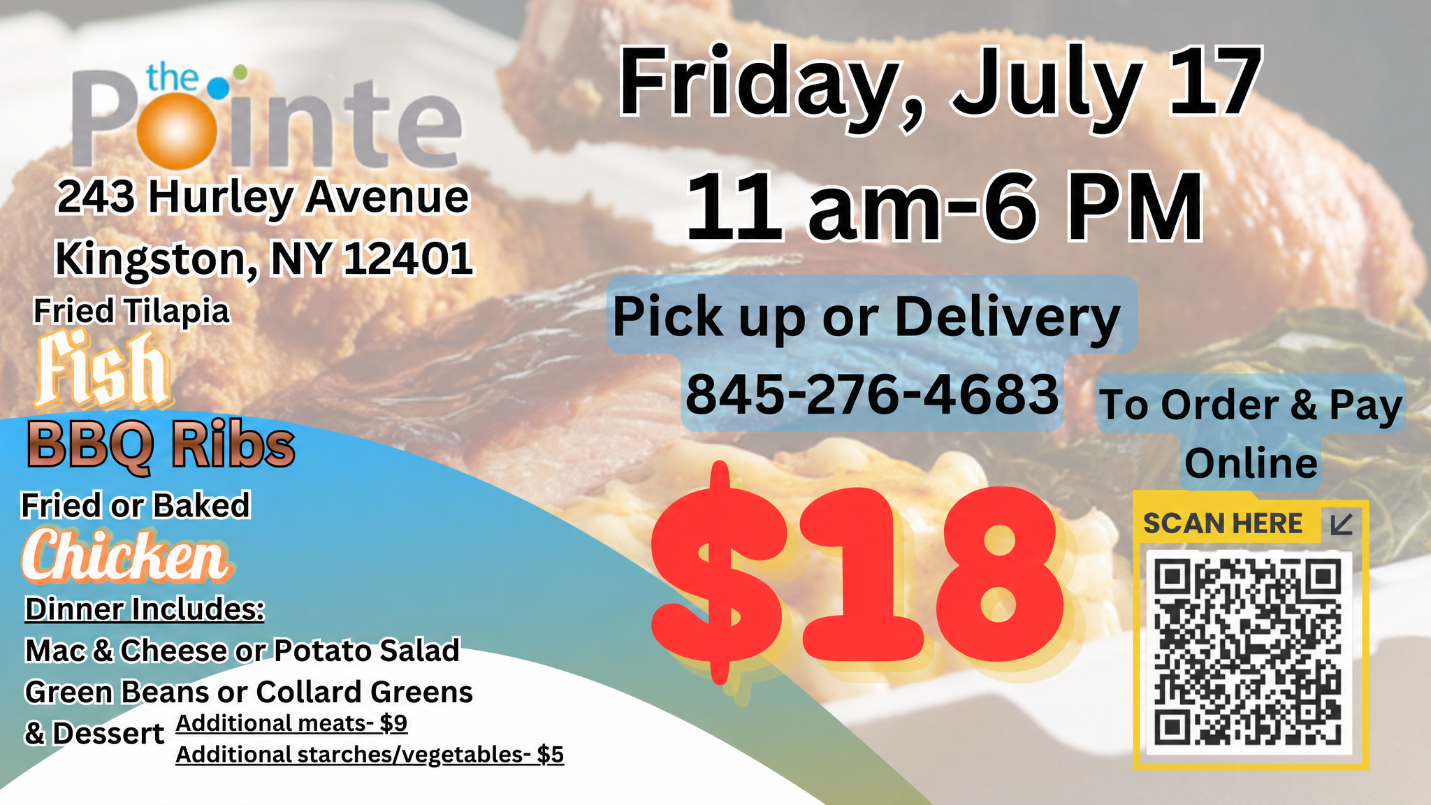 July dinners Pointe of Praise February Dinner fundraiser flyer featuring BBQ ribs, chicken, and fried tilapia options for Friday, February 20th in Kingston, NY.