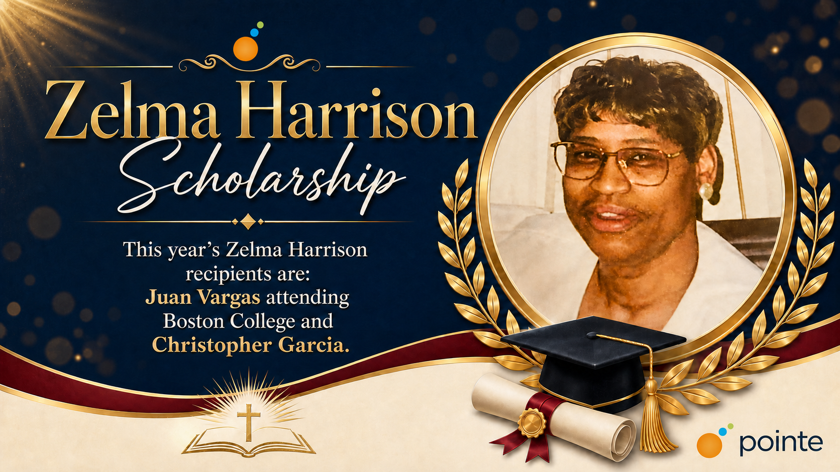 Zelma Harrison Scoholarship Growth Groups promotional slide for The Pointe of Praise Family Life Center, featuring a rustic wood background, a leaf logo, and a QR code to join a small group.
