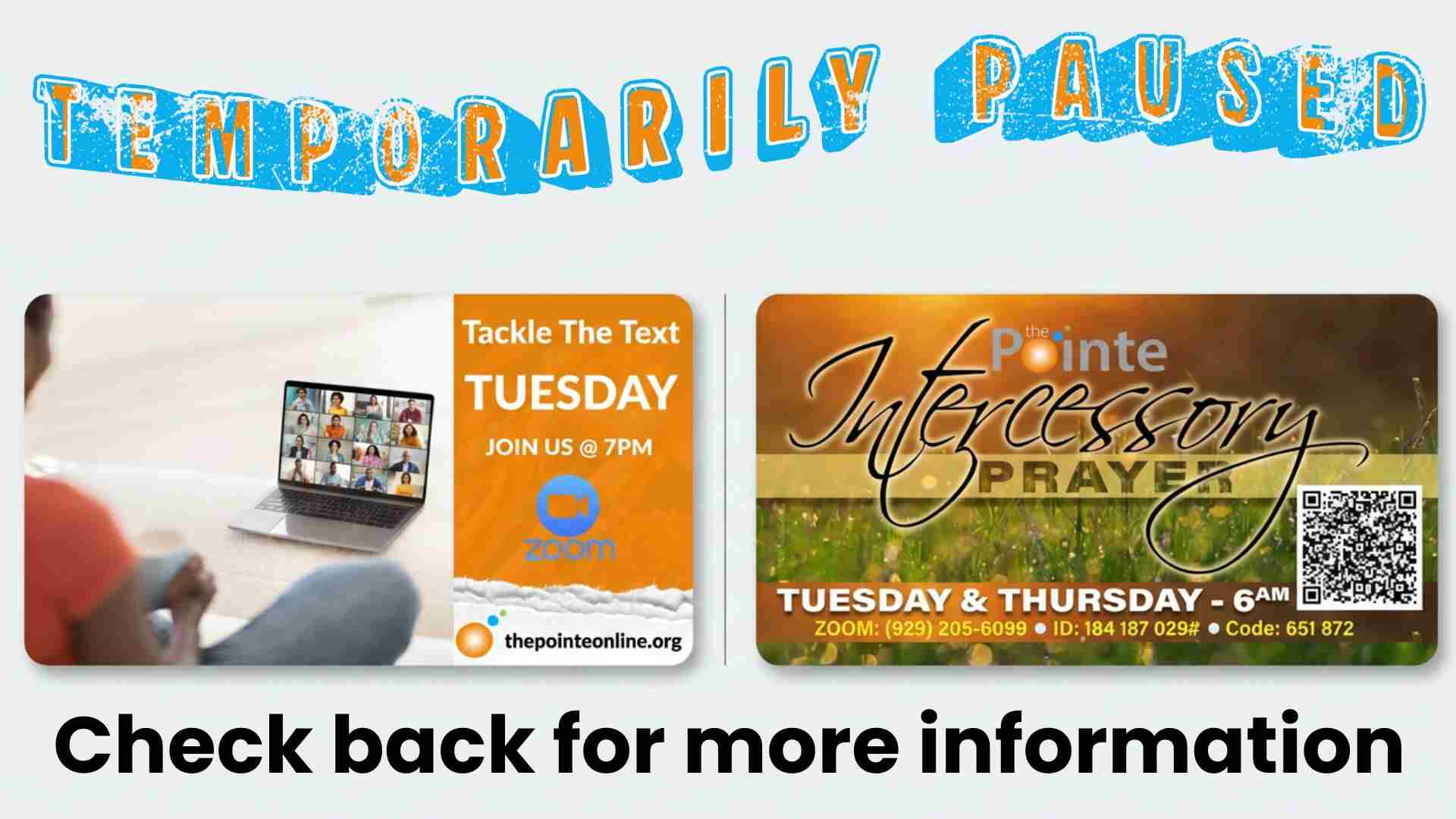 2026-08-23 - Temp Pause - Bible Study and Morning Manna Intercessory Prayer Zoom meeting schedule for The Pointe of Praise, featuring a sunrise over a grassy field and a QR code for morning prayer access.