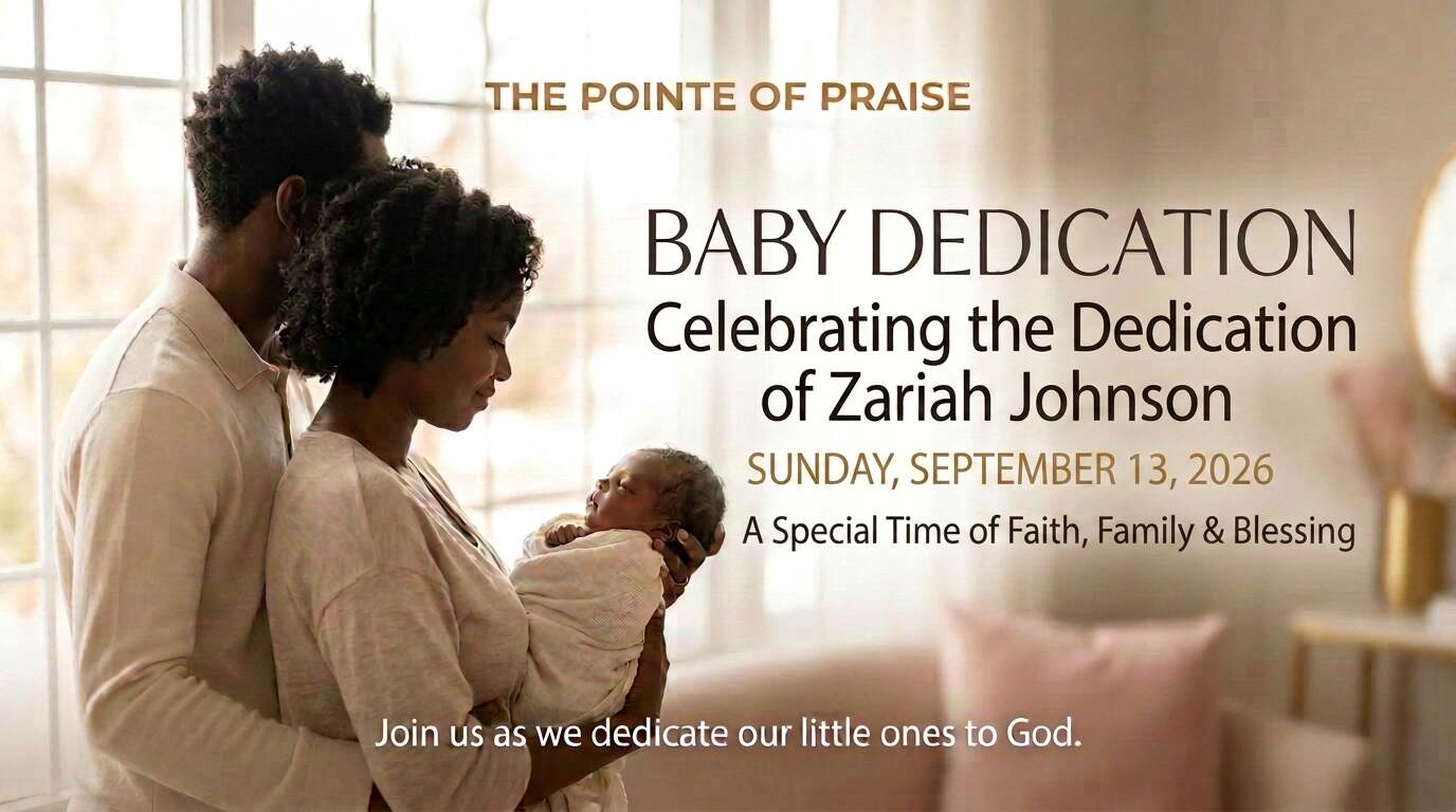 2026-09-13 - Baby Dedication - Promo Intercessory Prayer Zoom meeting schedule for The Pointe of Praise, featuring a sunrise over a grassy field and a QR code for morning prayer access.