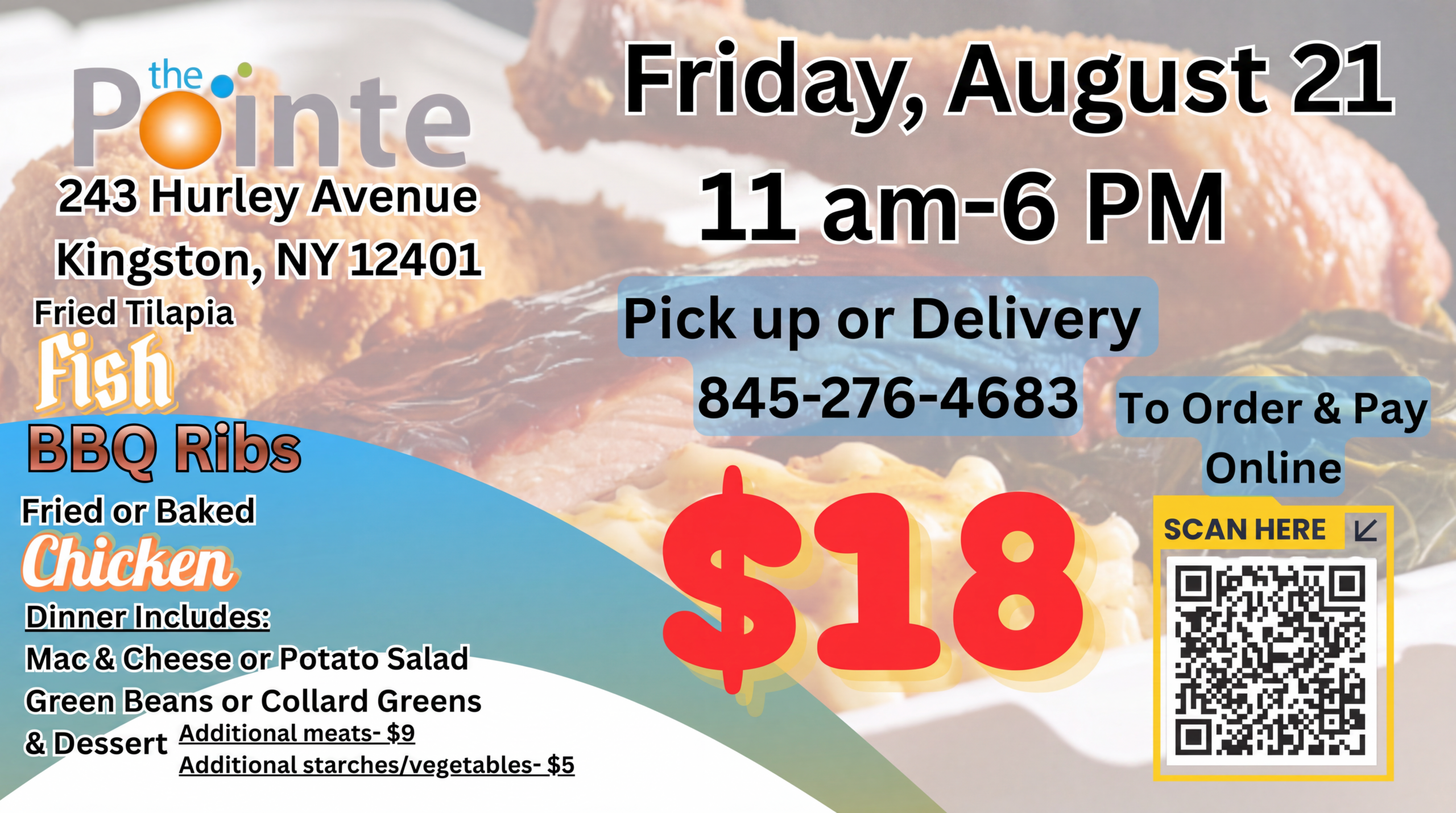 dinners - August Pointe of Praise February Dinner fundraiser flyer featuring BBQ ribs, chicken, and fried tilapia options for Friday, February 20th in Kingston, NY.