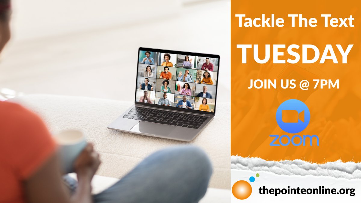 Tackle The Text Tuesday online Bible study graphic showing a person watching a Zoom meeting on a laptop with details to join at 7 PM.